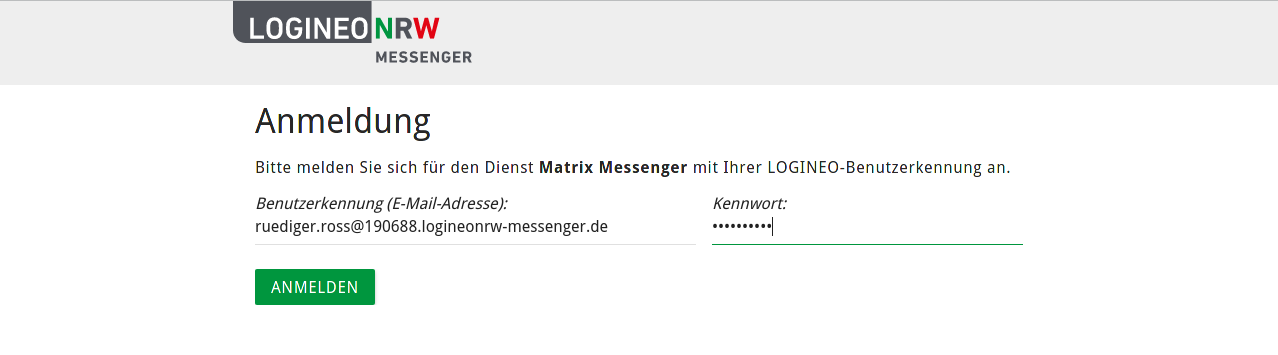 LogineoNRW-Messenger Browserversion Erstanmeldung Schritt2 Anmeldung-Daten eingegeben