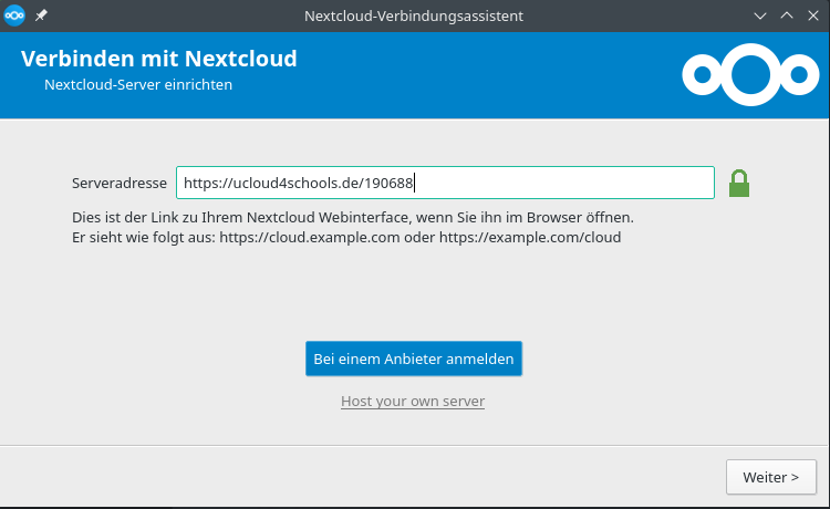 ucloud4schools - Anmeldung Desktop - NextCloud - Schritt2 Servereingabe erfolgt